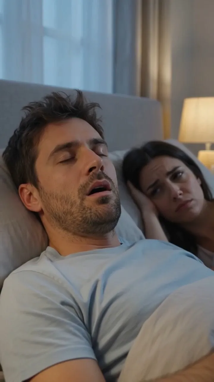 Man snoring while his exhausted partner lies awake